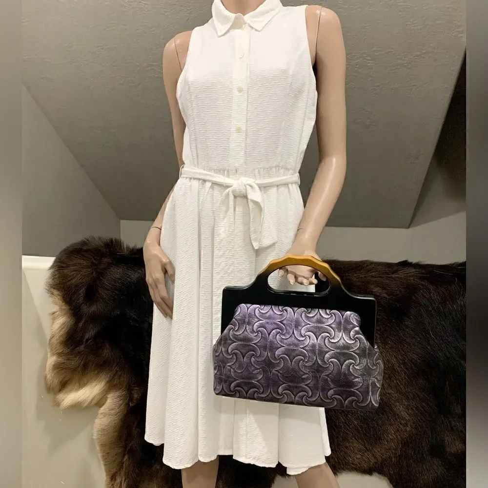 Handmade Genuine Embossed Leather Gradient Metallic Wooden Frame Bag/Crossbody